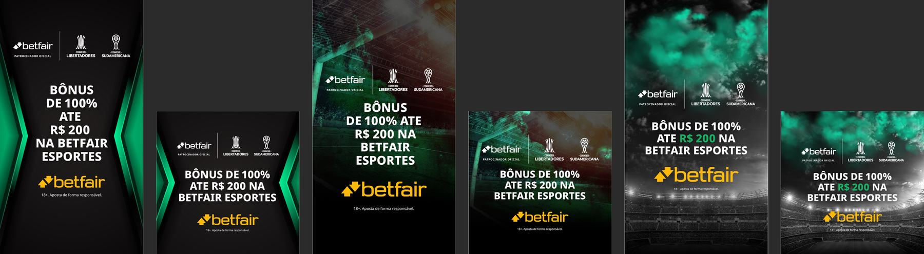 Betfair display banners for Conmebol Libertadores and Sudamericana sponsorship: bonus offer in three colour treatments and two sizes