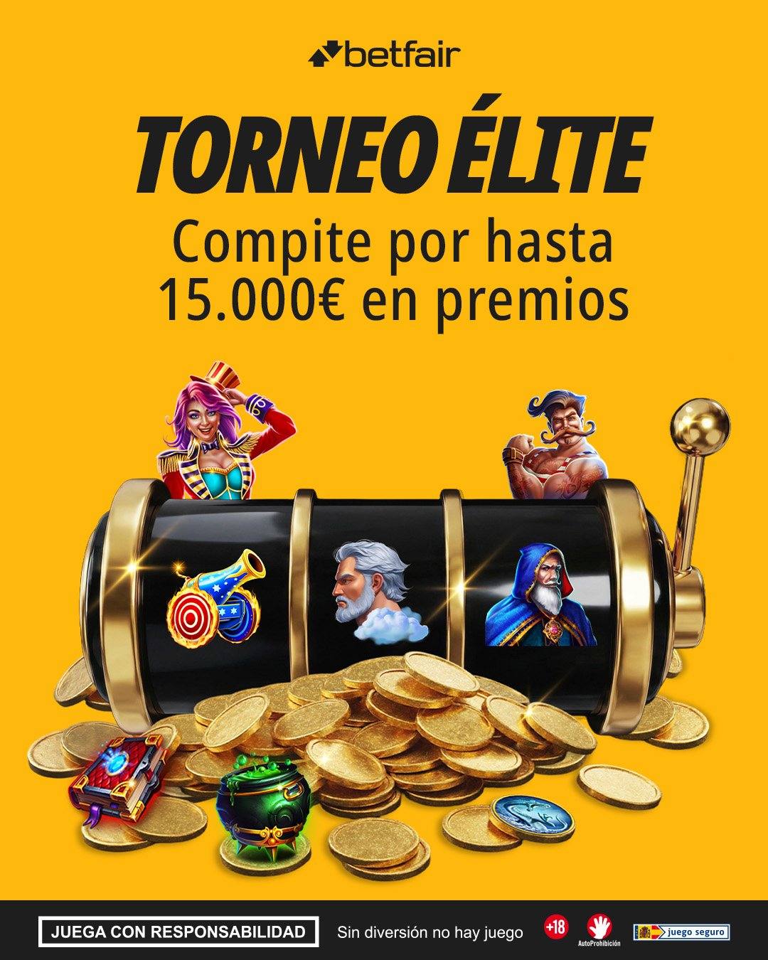 Betfair Torneo Élite social ad with the AI-generated slot machine, characters and coins