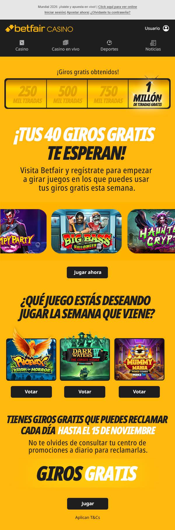 Full Betfair Casino free spins email in Spanish