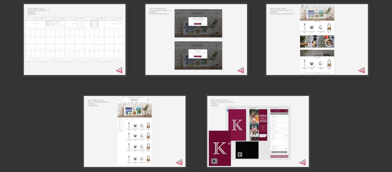 Kilkenny website wireframes, localisation page, sticky navigation, catalogue page and app prototype