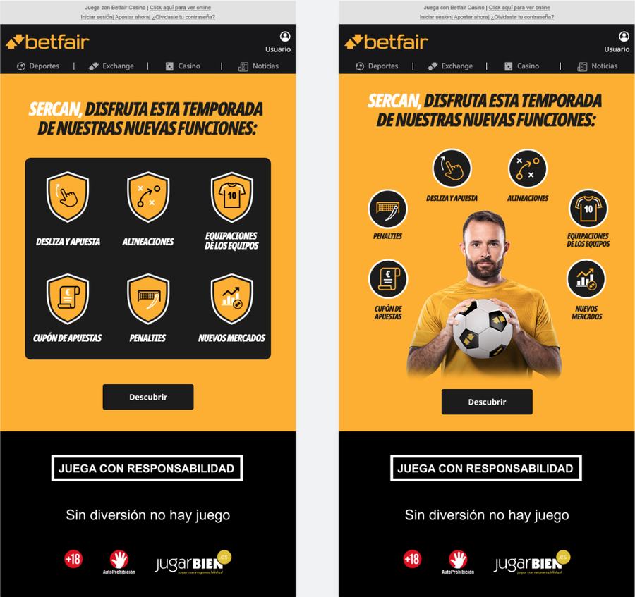 New features email, with an icon grid and an illustrated version with a footballer