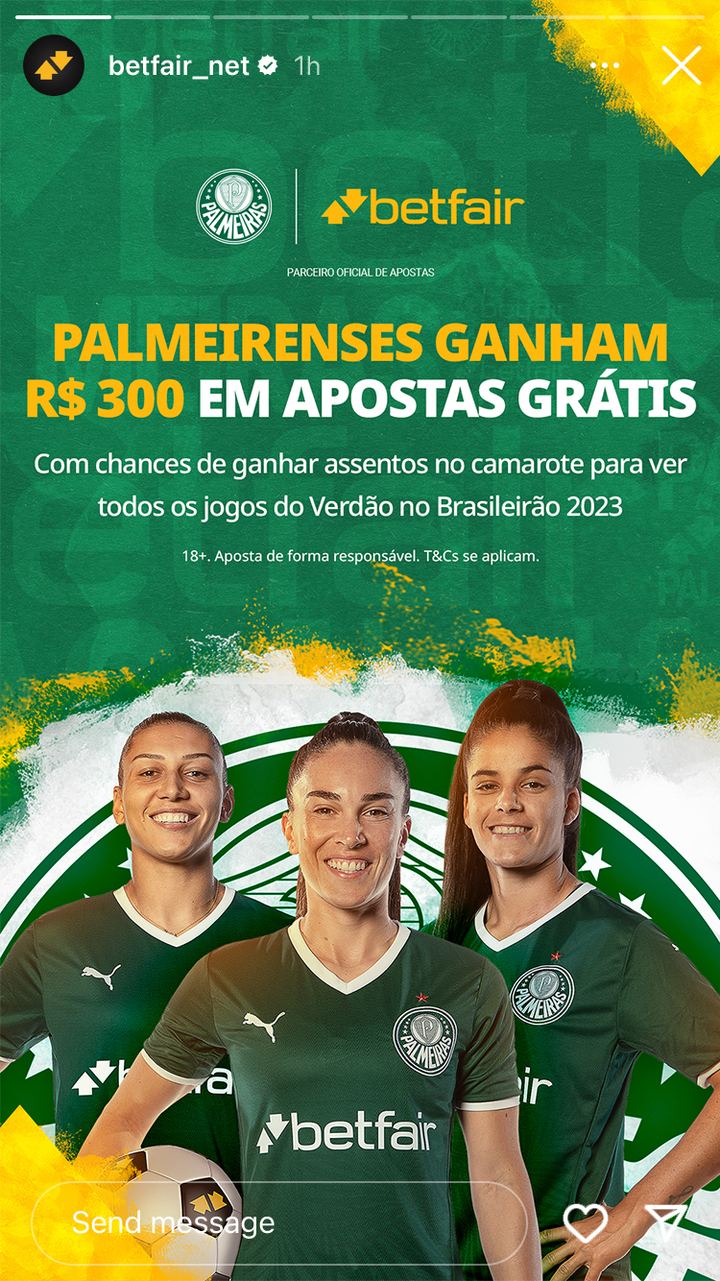 Palmeiras and Betfair Instagram story, green version with the women’s team