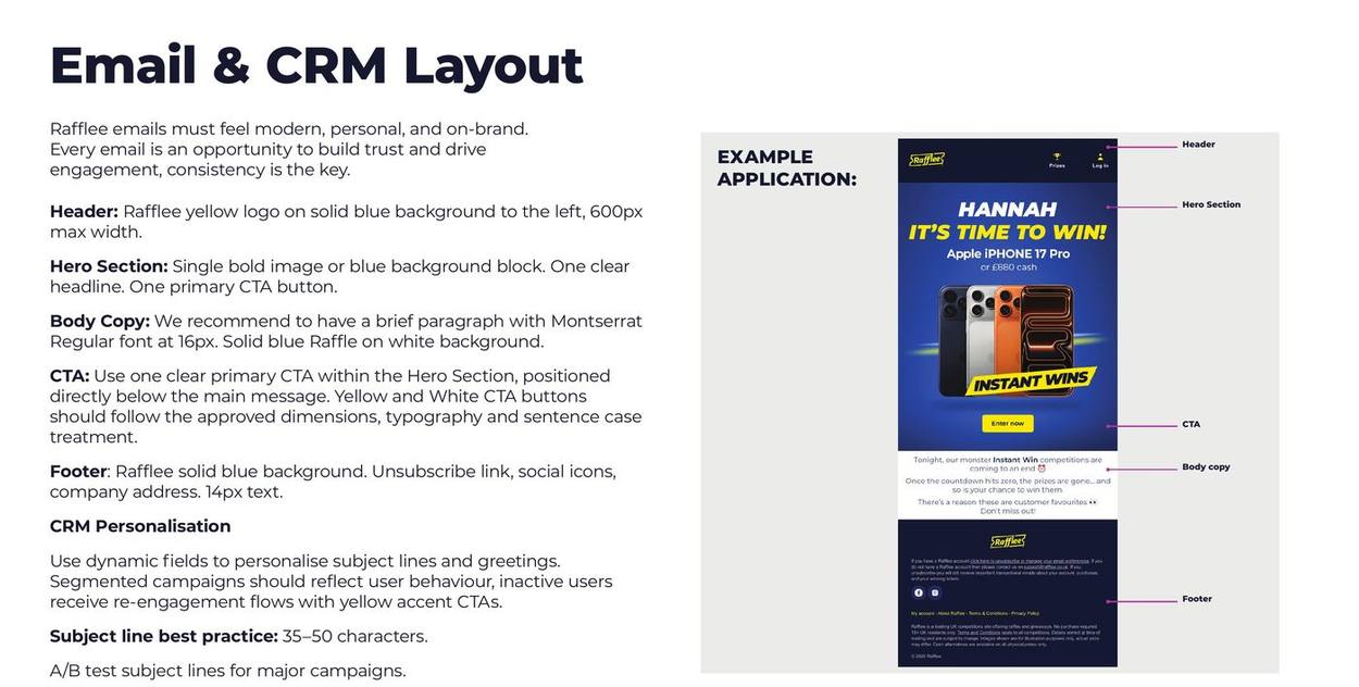 Rafflee brand guidelines page: Email and CRM layout