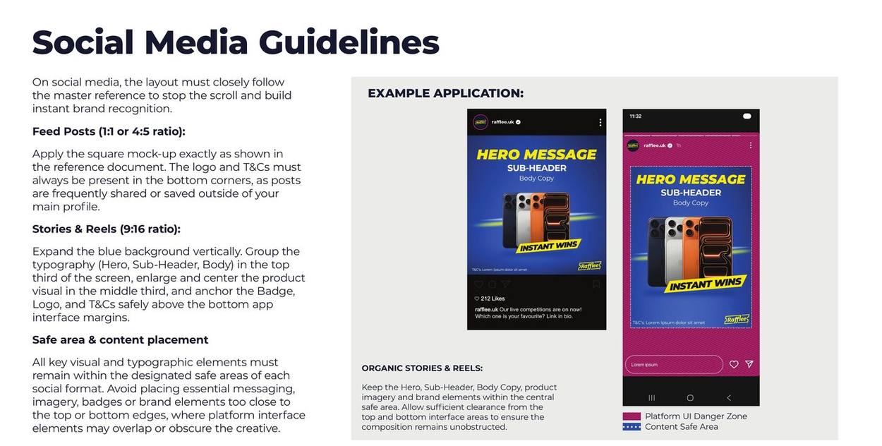 Rafflee brand guidelines page: Social: feed, stories and reels, with safe areas