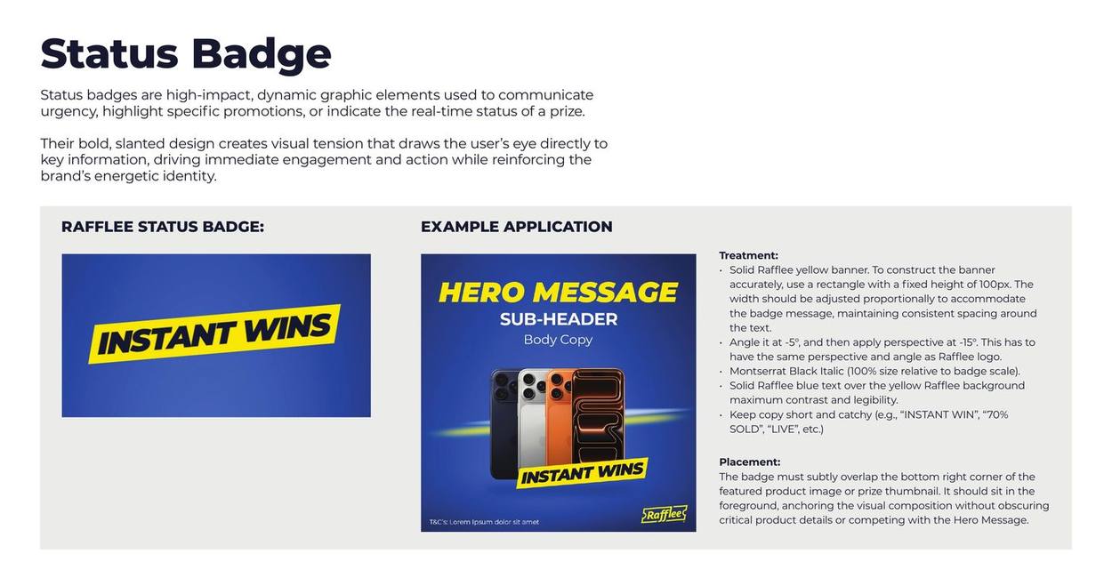 Rafflee brand guidelines page: Status badge: construction rules, angle and placement