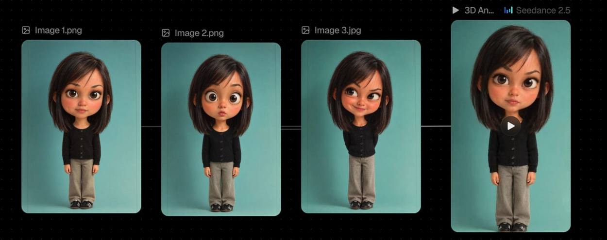 Three poses of a stylised 3D character generated in ChatGPT, then animated into a short video with Seedance