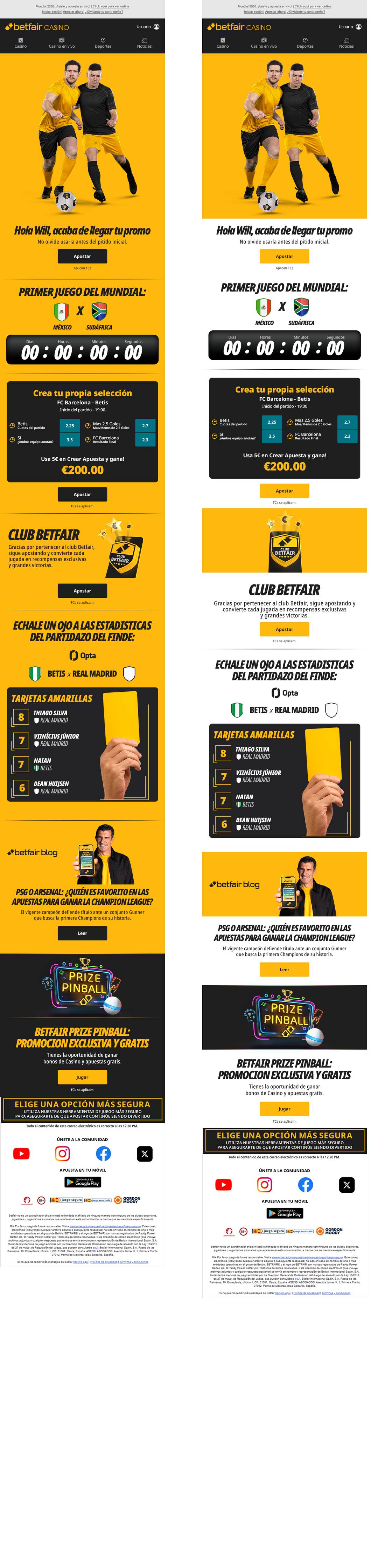 World Cup match-day email in two layout options, with a countdown, bet builder card, Club Betfair block and Prize Pinball